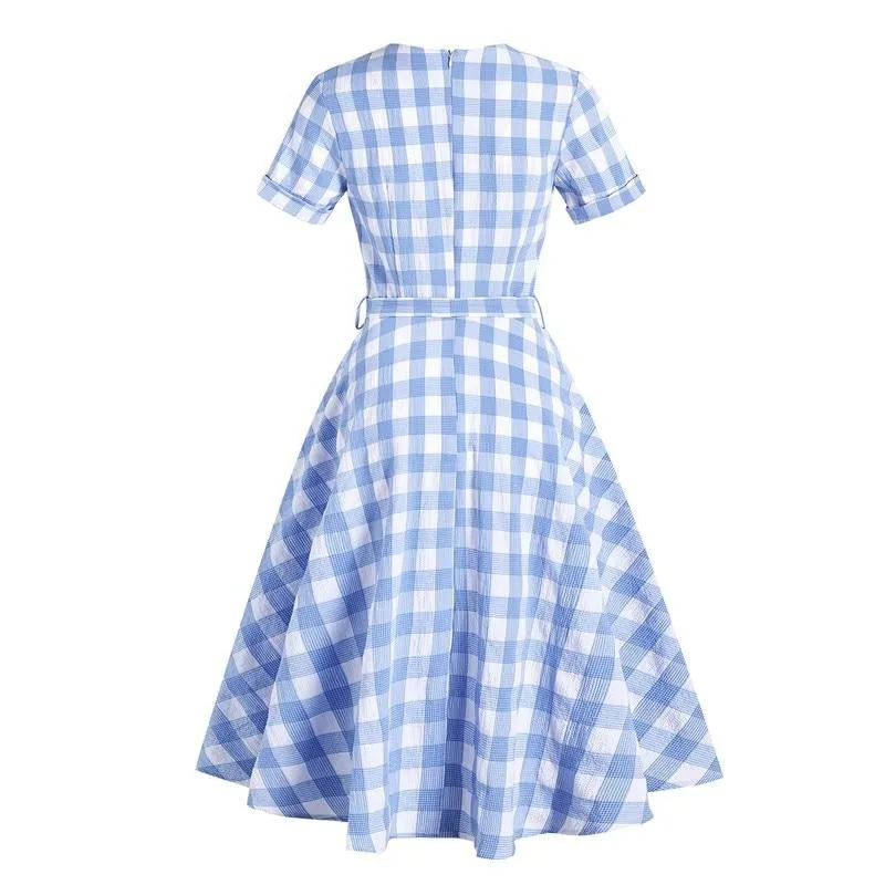 White and Blue Plaid V-Neck Short Sleeve Vintage A-Line High Waist Midi Dress with Belt