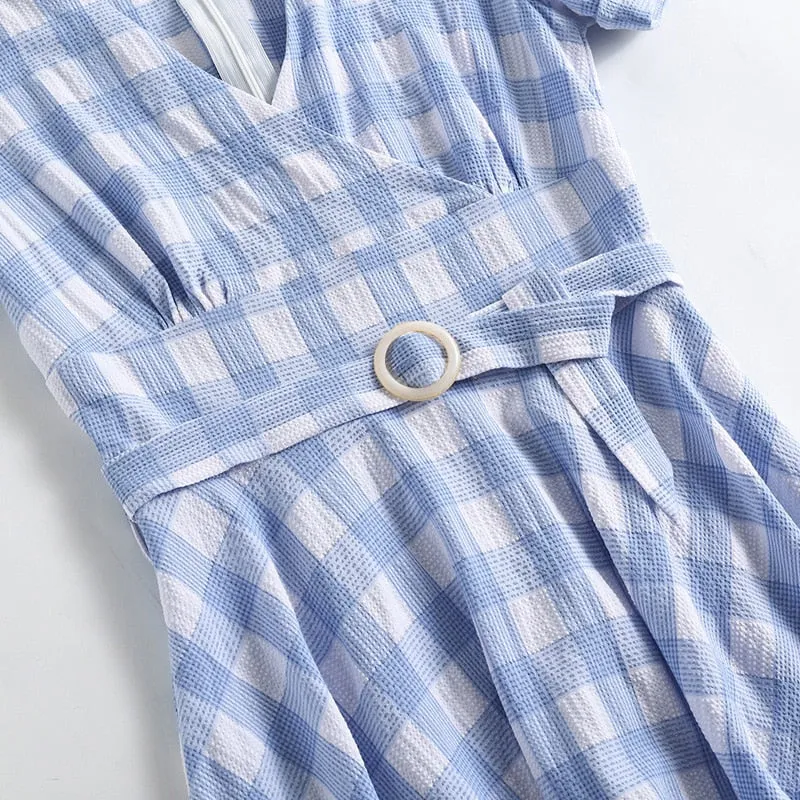 White and Blue Plaid V-Neck Short Sleeve Vintage A-Line High Waist Midi Dress with Belt