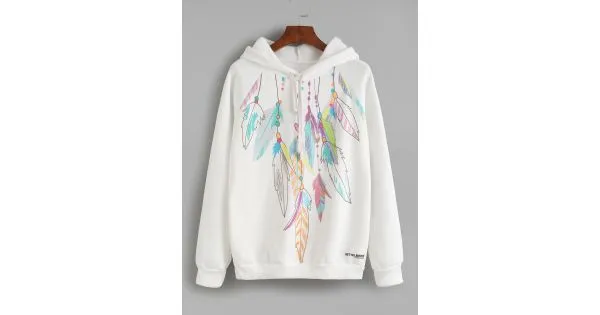 White Rainbow Feather Print Hooded Hoodie Sweatshirt