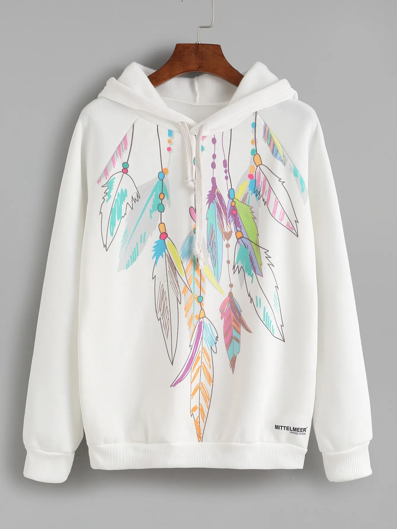 White Rainbow Feather Print Hooded Hoodie Sweatshirt