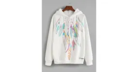 White Rainbow Feather Print Hooded Hoodie Sweatshirt