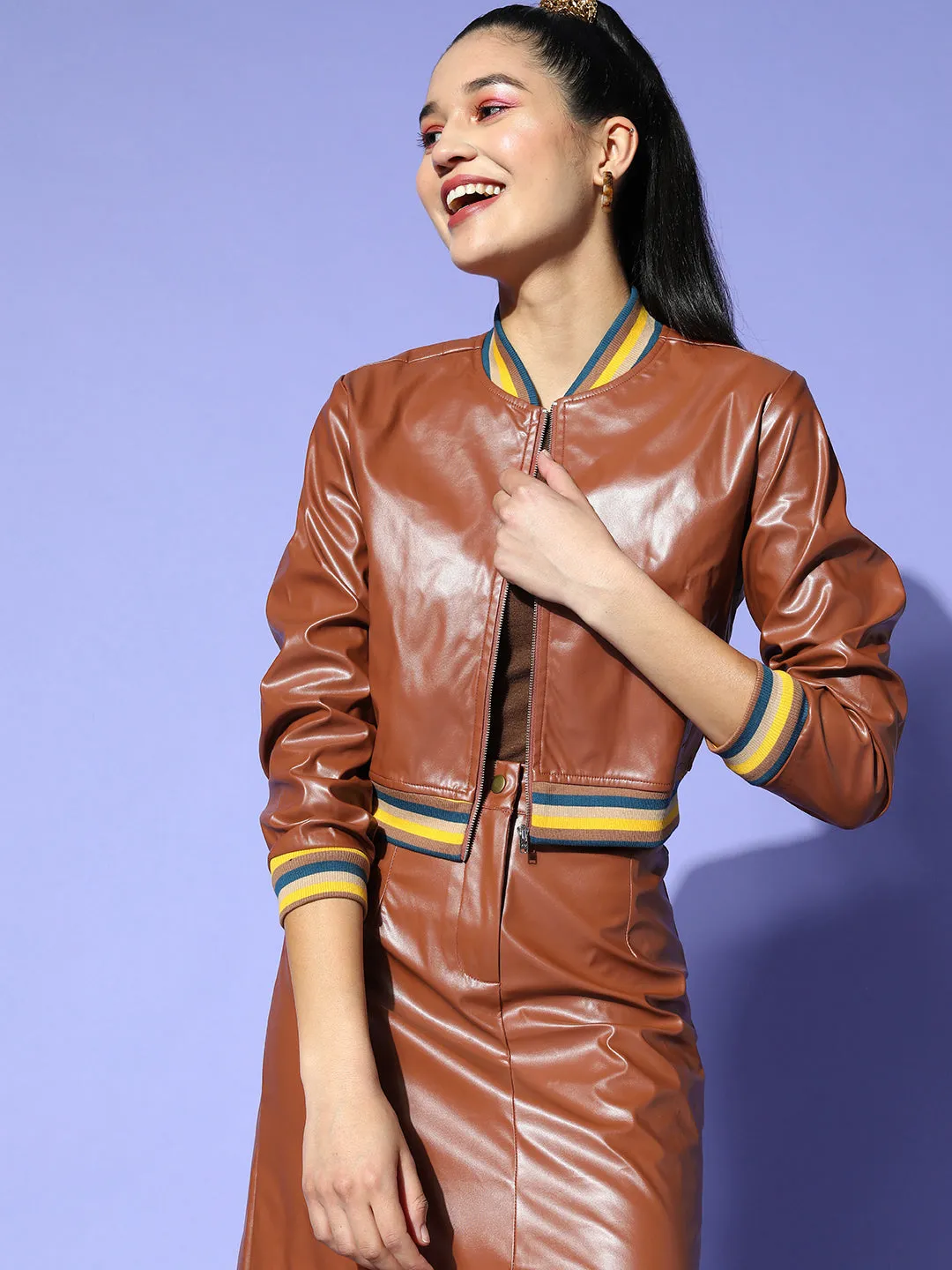 Women Brown PU Striped Rib Bomber Jacket