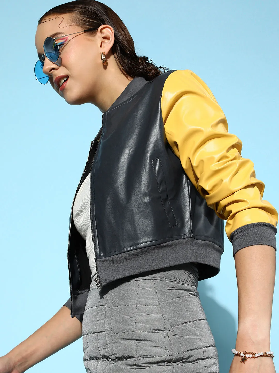 Women Navy PU Contrast Sleeves Bomber Jacket