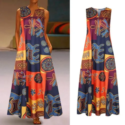 Women's Regular Dress Classic Style Round Neck Sleeveless Printing Midi Dress Masquerade