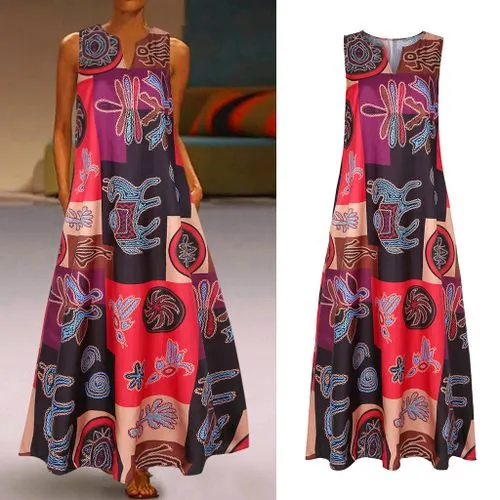 Women's Regular Dress Classic Style Round Neck Sleeveless Printing Midi Dress Masquerade