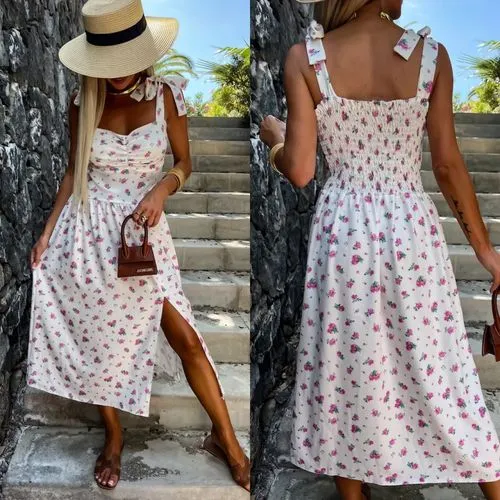 Women's Slit Dress Casual Streetwear Strap Sleeveless Floral Midi Dress Holiday Daily