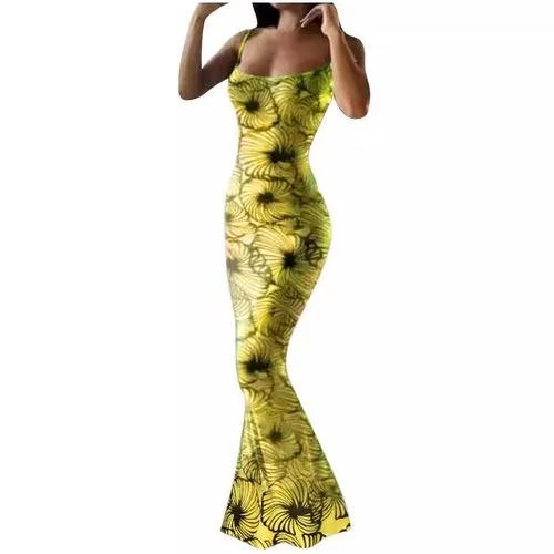 Women's Trumpet Dress Sexy Strap Printing Sleeveless Flower Maxi Long Dress Daily