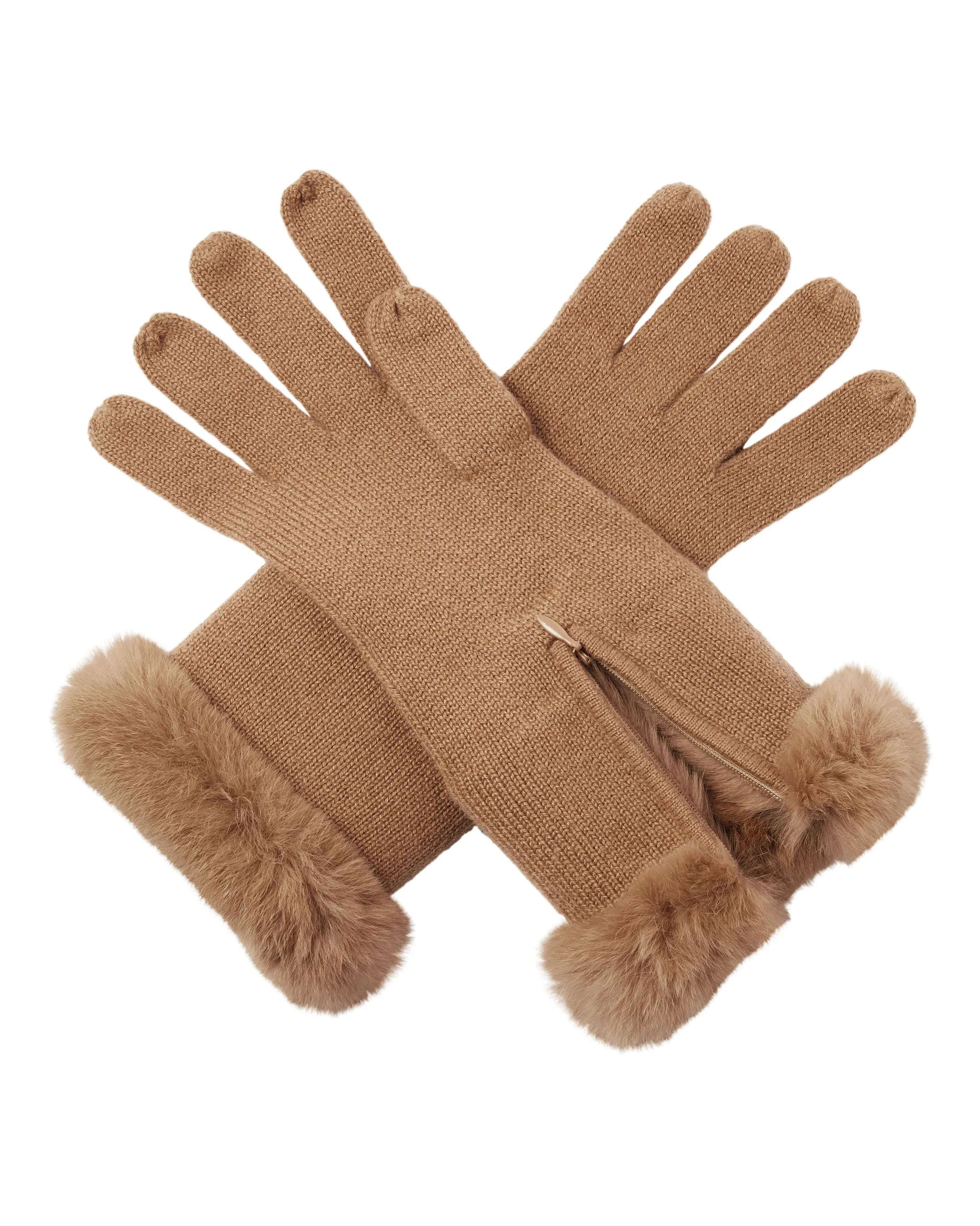 Women's Fur Trim Cashmere Gloves Dark Camel Brown