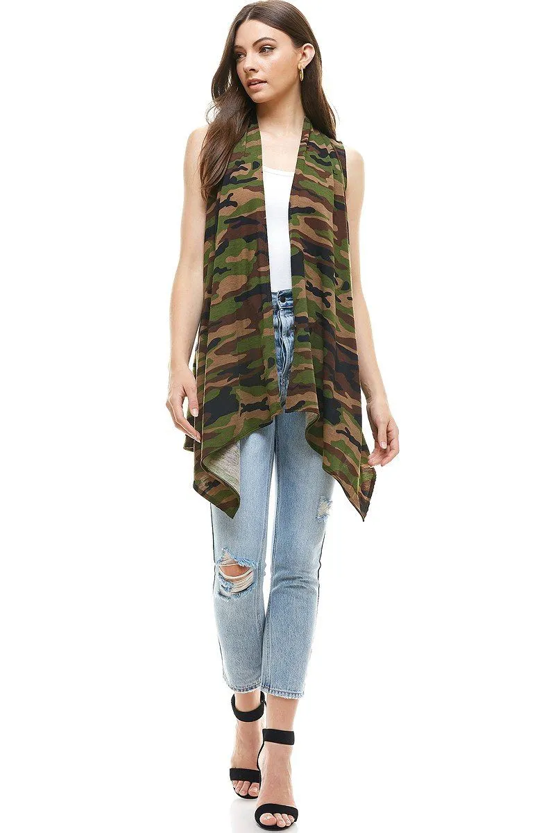 Womens Green Camouflage Vest Open Front Cardigan Sizes S/M/L/XL