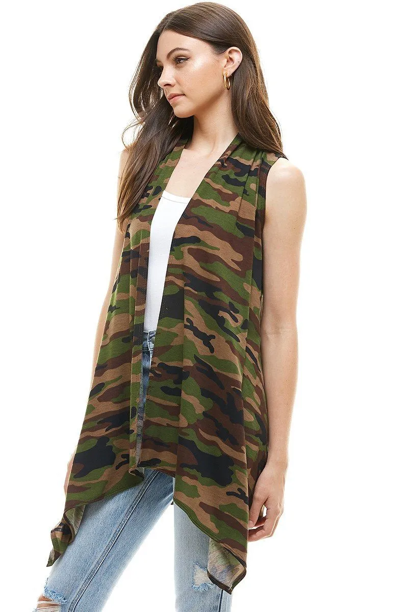 Womens Green Camouflage Vest Open Front Cardigan Sizes S/M/L/XL