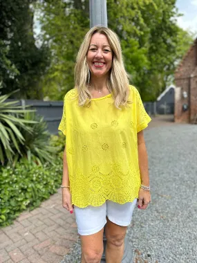 Yellow Broderie Floral Round Neck Top Anna