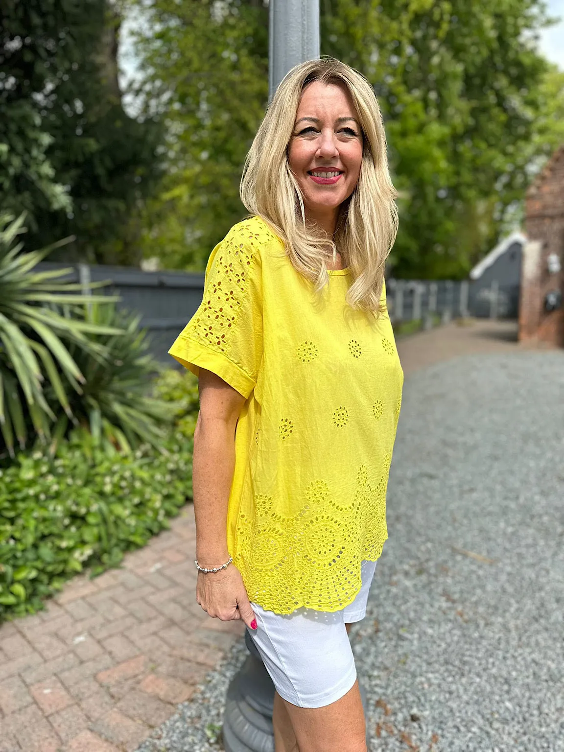 Yellow Broderie Floral Round Neck Top Anna