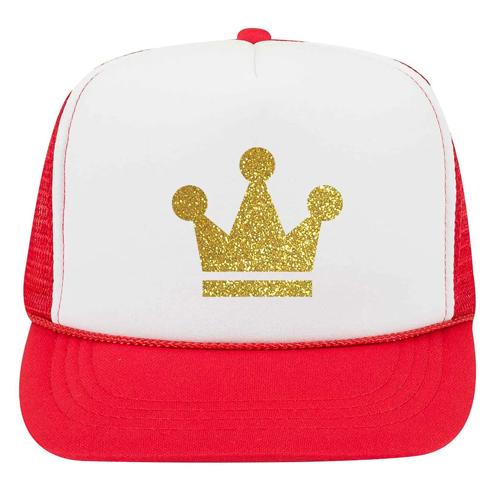 Youth Kid's Gold Crown Glitter Printed 5 Panel High Crown Foam Mesh Back Trucker Hat for Boys and Girls