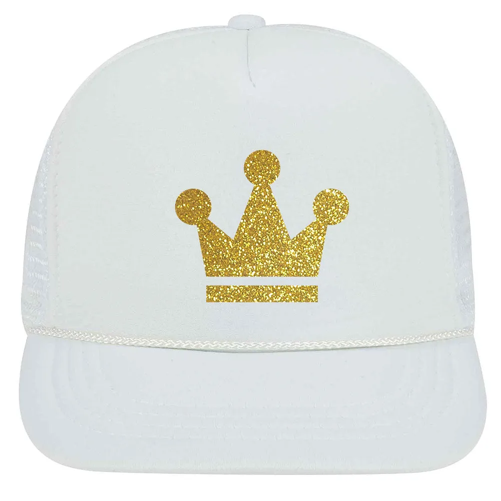 Youth Kid's Gold Crown Glitter Printed 5 Panel High Crown Foam Mesh Back Trucker Hat for Boys and Girls