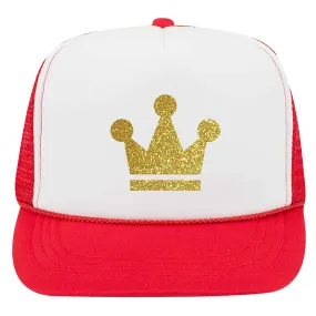 Youth Kid's Gold Crown Glitter Printed 5 Panel High Crown Foam Mesh Back Trucker Hat for Boys and Girls