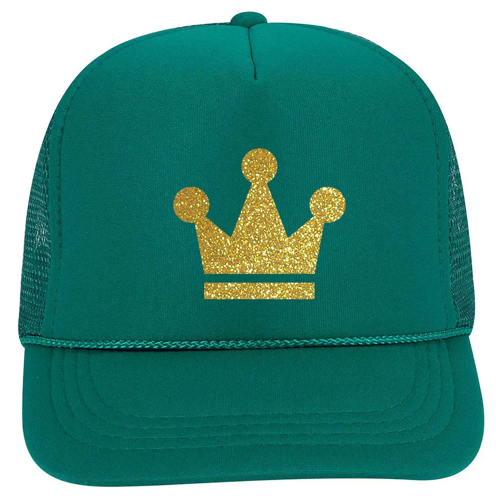 Youth Kid's Gold Crown Glitter Printed 5 Panel High Crown Foam Mesh Back Trucker Hat for Boys and Girls