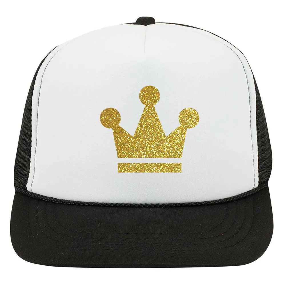 Youth Kid's Gold Crown Glitter Printed 5 Panel High Crown Foam Mesh Back Trucker Hat for Boys and Girls