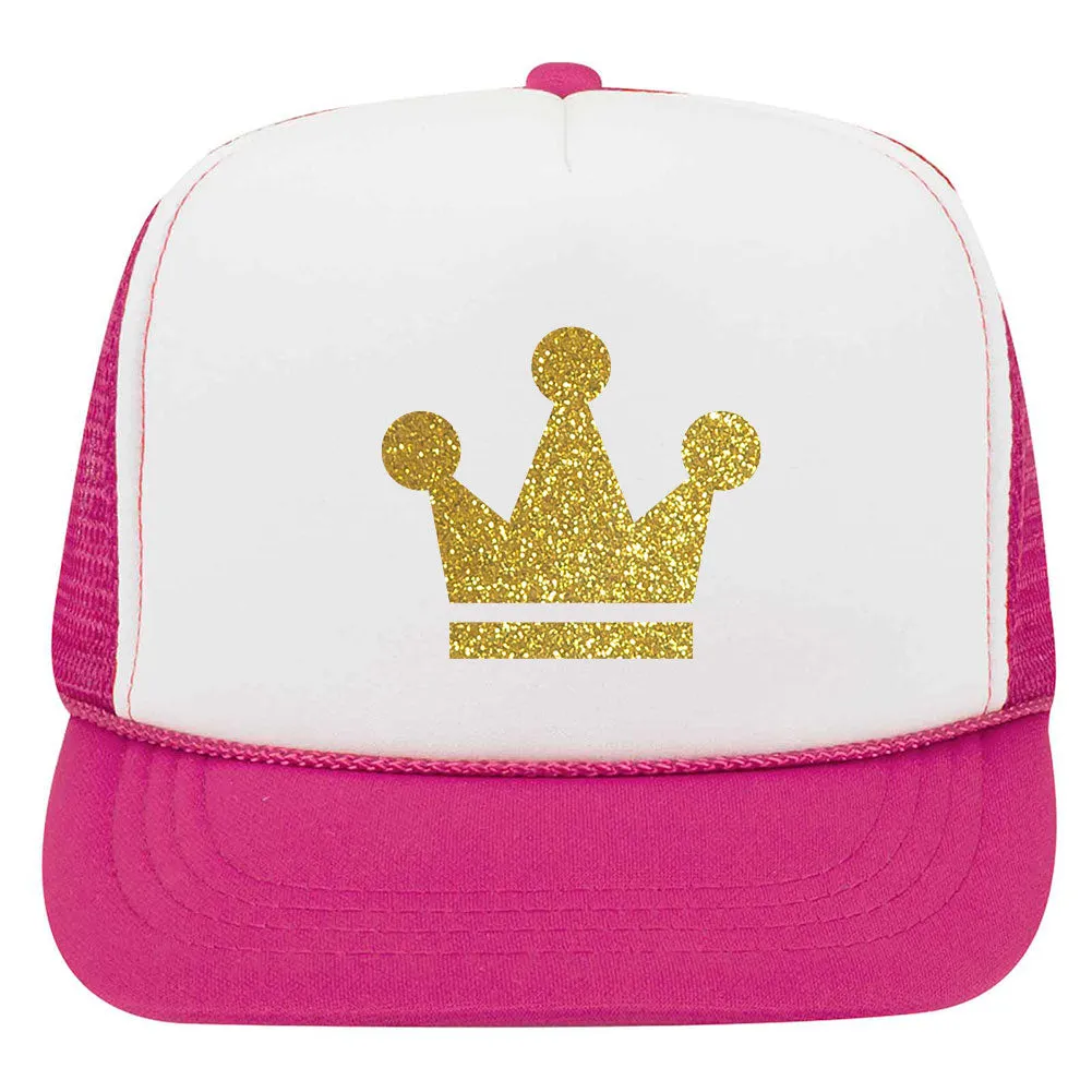 Youth Kid's Gold Crown Glitter Printed 5 Panel High Crown Foam Mesh Back Trucker Hat for Boys and Girls